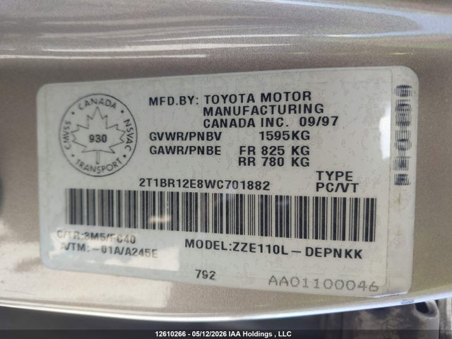 Aukcja sprzedaży 1998 Toyota Corolla Ve/ce/le, vin: 2T1BR12E8WC701882, numer aukcji: 12610266