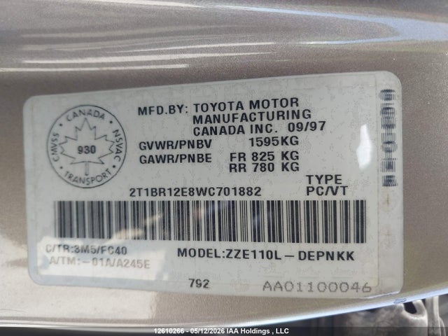 Aukcja sprzedaży 1998 Toyota Corolla Ve/ce/le, vin: 2T1BR12E8WC701882, numer aukcji: 12610266