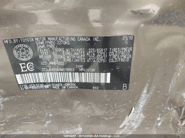 12610267 :رقم المزاد ، 2T3JK4DV6AW019953 vin ، 2010 Toyota Rav4 مزاد بيع