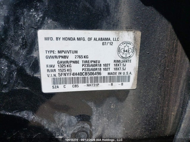 2012 Honda Pilot Ex მანქანა იყიდება აუქციონზე, vin: 5FNYF4H40CB506496, აუქციონის ნომერი: 12610270