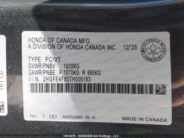 2026 Honda Civic Hybrid მანქანა იყიდება აუქციონზე, vin: 2HGFE4F85TH006183, აუქციონის ნომერი: 12610278