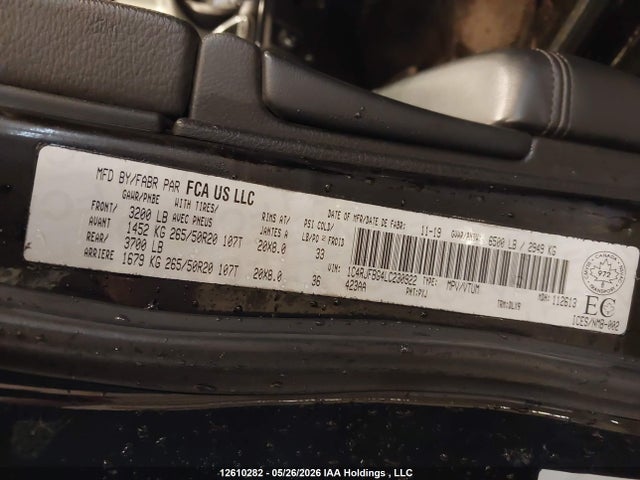 12610282 :رقم المزاد ، 1C4RJFBG4LC230922 vin ، 2020 Jeep Grand Cherokee Limited مزاد بيع