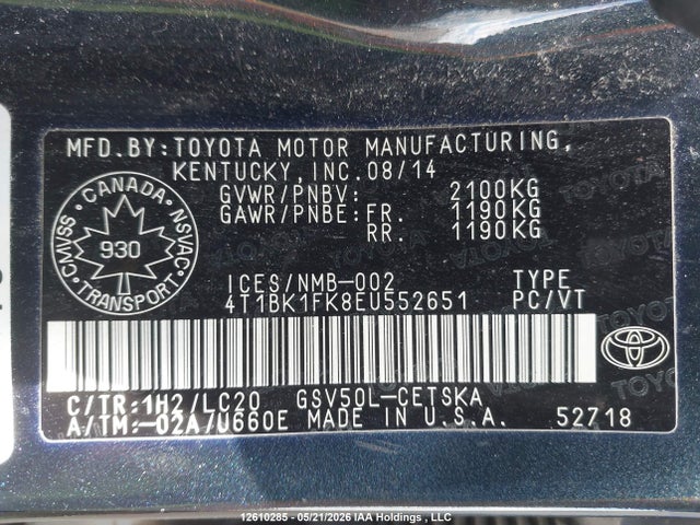 Aukcja sprzedaży 2014 Toyota Camry Se V6, vin: 4T1BK1FK8EU552651, numer aukcji: 12610285