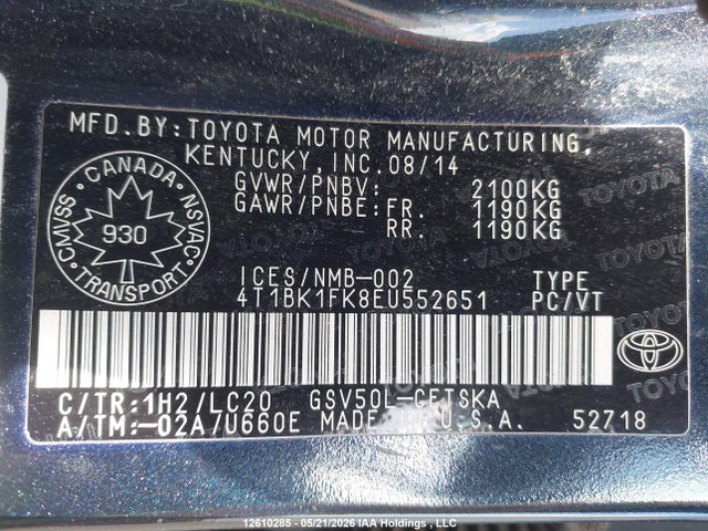 Aukcja sprzedaży 2014 Toyota Camry Se V6, vin: 4T1BK1FK8EU552651, numer aukcji: 12610285