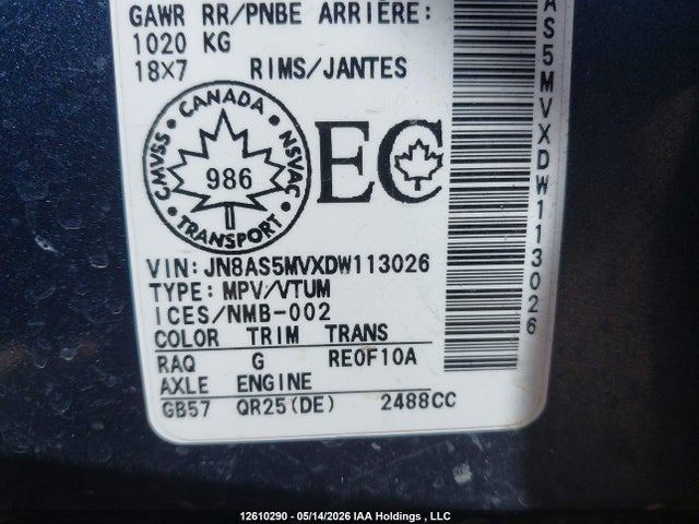 2013 Nissan Rogue Sv W/sl Pkg მანქანა იყიდება აუქციონზე, vin: JN8AS5MVXDW113026, აუქციონის ნომერი: 12610290