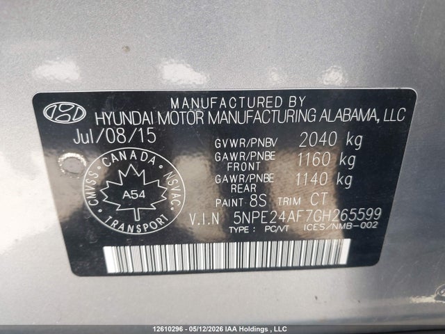 2016 Hyundai Sonata Gl მანქანა იყიდება აუქციონზე, vin: 5NPE24AF7GH265599, აუქციონის ნომერი: 12610296