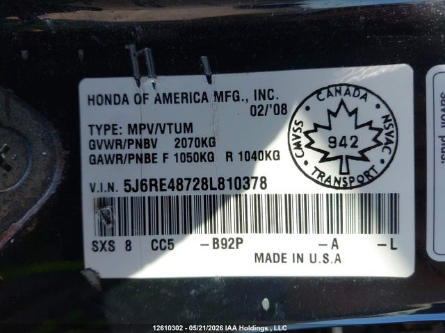 12610302 :رقم المزاد ، 5J6RE48728L810378 vin ، 2008 Honda Cr-v مزاد بيع