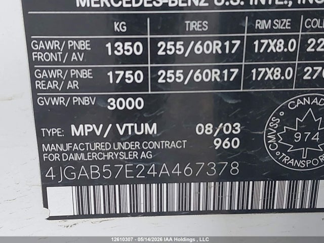 Aukcja sprzedaży 2004 Mercedes-benz Ml 350, vin: 4JGAB57E24A467378, numer aukcji: 12610307