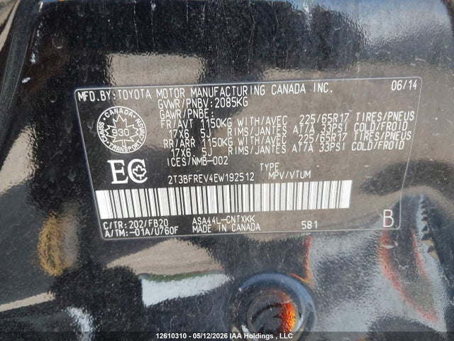 Продажа на аукционе авто 2014 Toyota Rav4 Le, vin: 2T3BFREV4EW192512, номер лота: 12610310