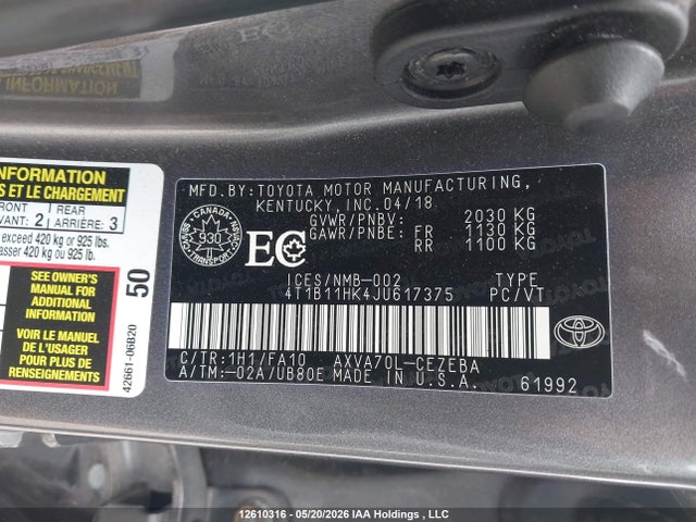 Продаж на аукціоні авто 2018 Toyota Camry, vin: 4T1B11HK4JU617375, номер лоту: 12610316
