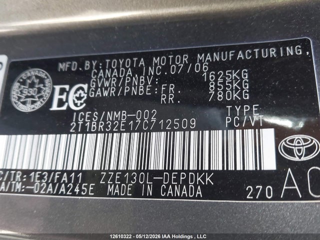 12610322 :رقم المزاد ، 2T1BR32E17C712509 vin ، 2007 Toyota Corolla Ce/le/sport مزاد بيع