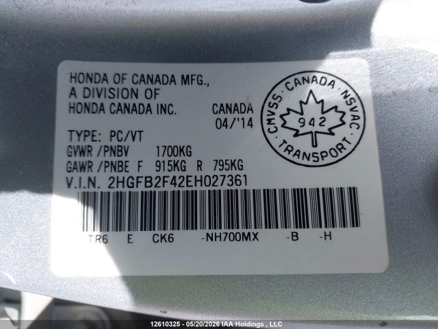 Продаж на аукціоні авто 2014 Honda Civic Lx, vin: 2HGFB2F42EH027361, номер лоту: 12610325
