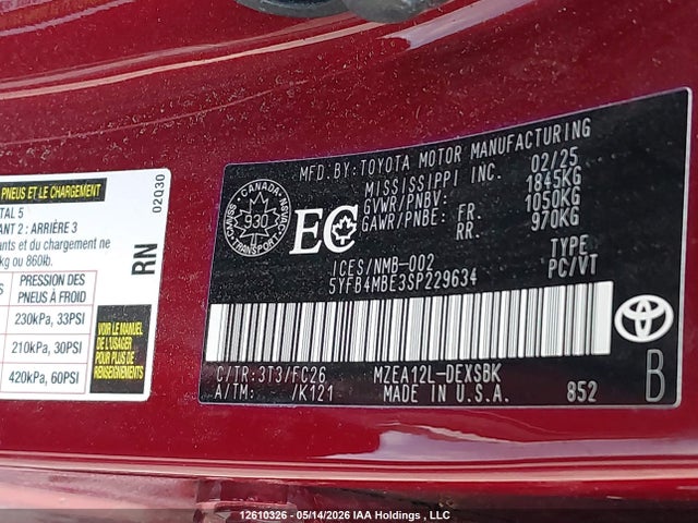 Aukcja sprzedaży 2025 Toyota Corolla, vin: 5YFB4MBE3SP229634, numer aukcji: 12610326