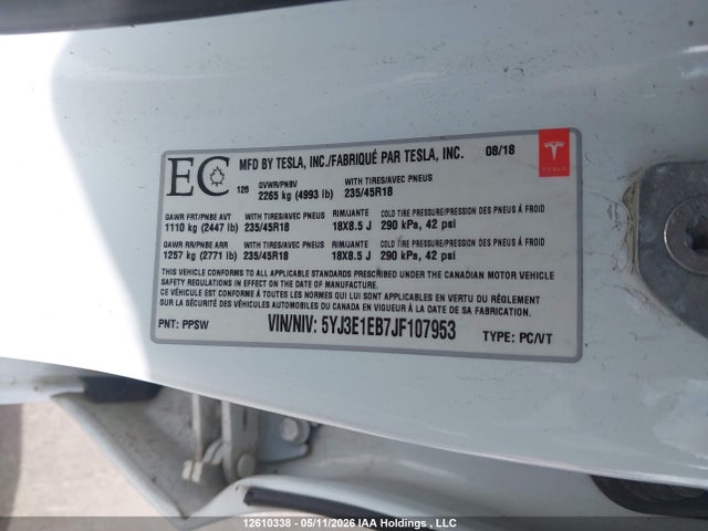 12610338 :رقم المزاد ، 5YJ3E1EB7JF107953 vin ، 2018 Tesla Model 3 Long Range/performance مزاد بيع