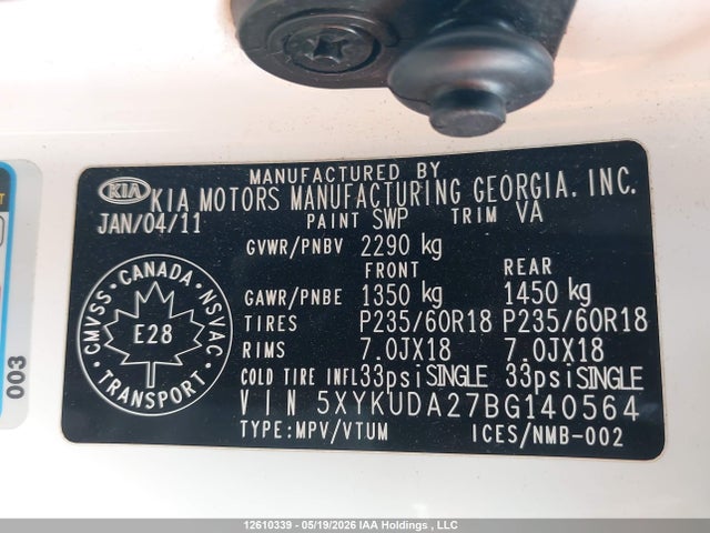Продажа на аукционе авто 2011 Kia Sorento Ex Luxury V6/ex V6, vin: 5XYKUDA27BG140564, номер лота: 12610339