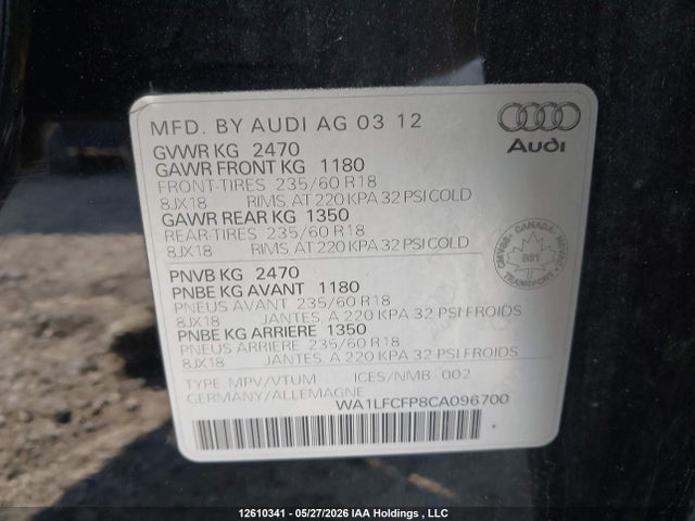 12610341 :رقم المزاد ، WA1LFCFP8CA096700 vin ، 2012 Audi Q5 2.0t Premium مزاد بيع