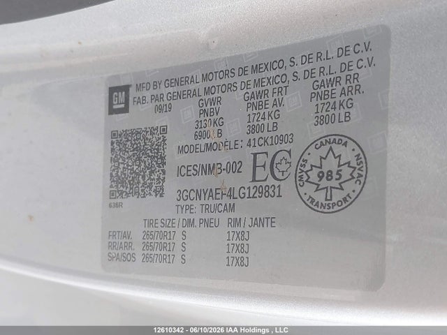 12610342 :رقم المزاد ، 3GCNYAEF4LG129831 vin ، 2020 Chevrolet Silverado 1500 مزاد بيع