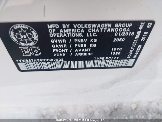 12610352 :رقم المزاد ، 1VWBS7A35GC027222 vin ، 2016 Volkswagen Passat 1.8 Tsi Comfortline مزاد بيع