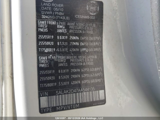 Aukcja sprzedaży 2010 Land Rover Lr4, vin: SALAK2D47AA544135, numer aukcji: 12610357