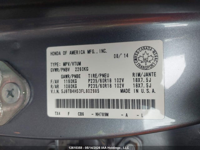 12610358 :رقم المزاد ، 5J8TB4H53FL802985 vin ، 2015 Acura Rdx Tech Package مزاد بيع