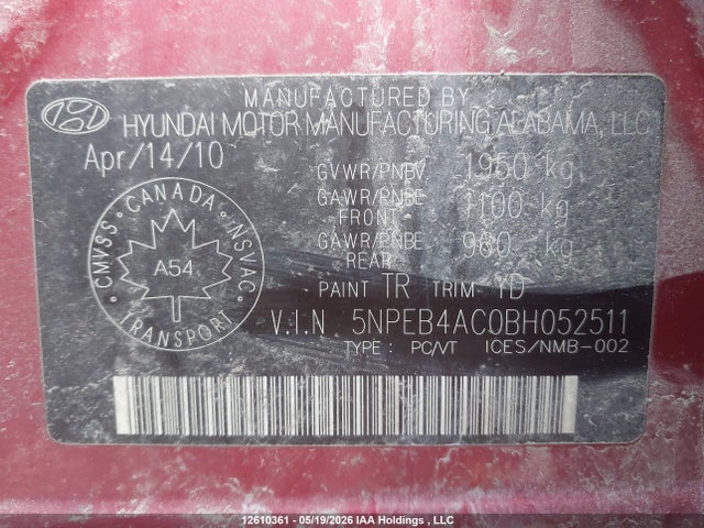 Продаж на аукціоні авто 2011 Hyundai Sonata Gl/gls, vin: 5NPEB4AC0BH052511, номер лоту: 12610361