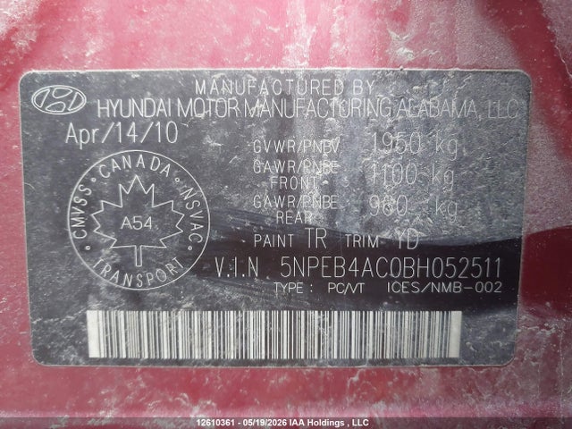 Продаж на аукціоні авто 2011 Hyundai Sonata Gl/gls, vin: 5NPEB4AC0BH052511, номер лоту: 12610361