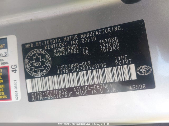 12610362 :رقم المزاد ، 4T1BF3EK3BU123706 vin ، 2011 Toyota Camry Le مزاد بيع