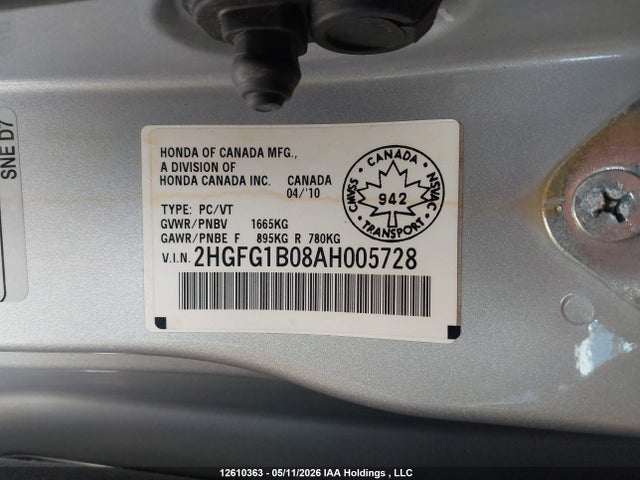 Продажа на аукционе авто 2010 Honda Civic Ex-l, vin: 2HGFG1B08AH005728, номер лота: 12610363