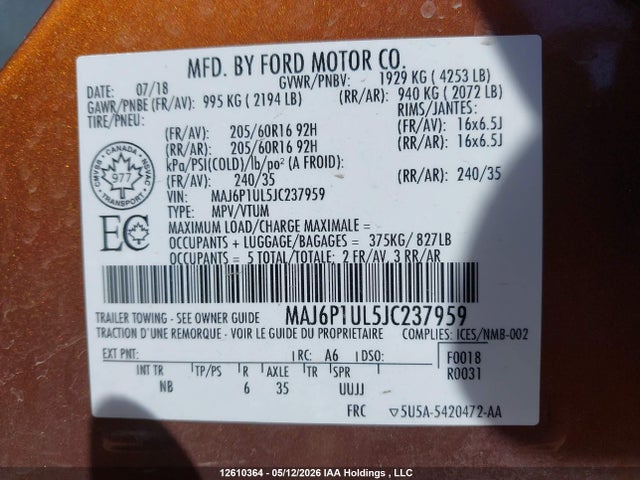 MAJ6P1UL5JC237959 Ford Ecosport Se