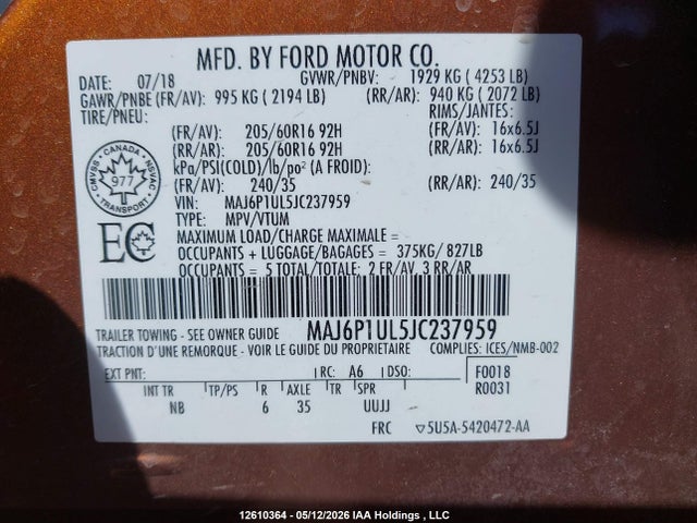 MAJ6P1UL5JC237959 Ford Ecosport Se