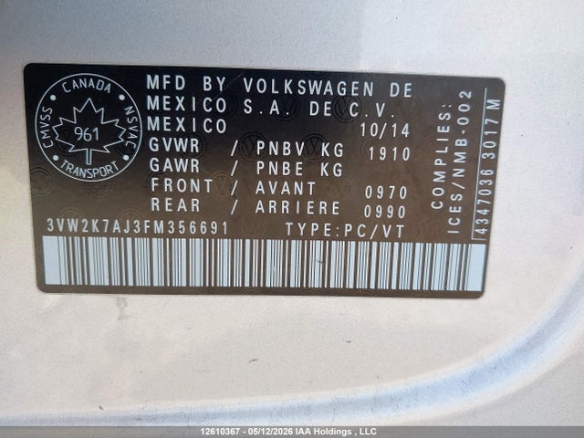 Продаж на аукціоні авто 2015 Volkswagen Jetta 2.0l Trendline/2.0l Trendline+, vin: 3VW2K7AJ3FM356691, номер лоту: 12610367
