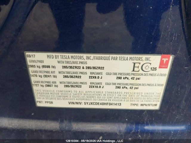 Aukcja sprzedaży 2017 Tesla Model X, vin: 5YJXCDE40HF041413, numer aukcji: 12610384