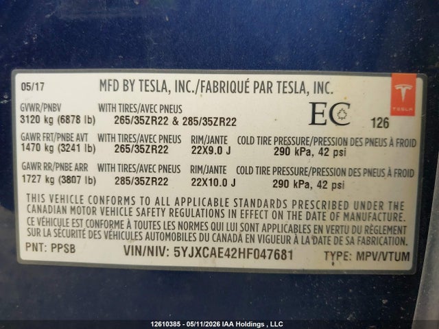 2017 Tesla Model X მანქანა იყიდება აუქციონზე, vin: 5YJXCAE42HF047681, აუქციონის ნომერი: 12610385