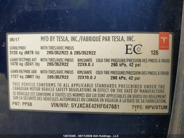 2017 Tesla Model X მანქანა იყიდება აუქციონზე, vin: 5YJXCAE42HF047681, აუქციონის ნომერი: 12610385