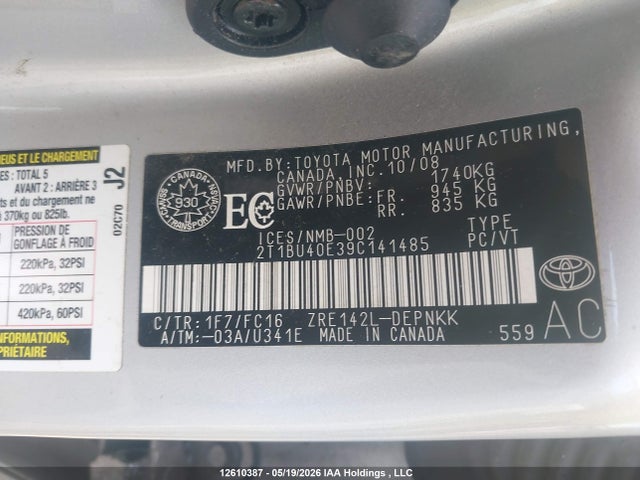 Aukcja sprzedaży 2009 Toyota Corolla Le, vin: 2T1BU40E39C141485, numer aukcji: 12610387