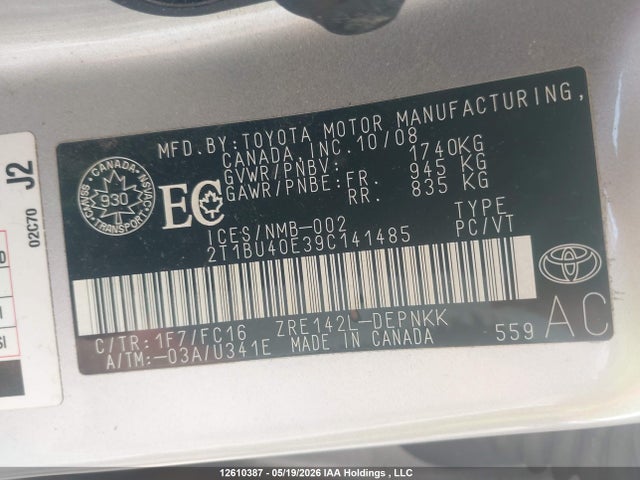 Aukcja sprzedaży 2009 Toyota Corolla Le, vin: 2T1BU40E39C141485, numer aukcji: 12610387
