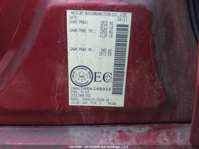 12610389 :رقم المزاد ، 1N4AL3AP8DN548934 vin ، 2013 Nissan Altima 2.5/s/sv/sl مزاد بيع