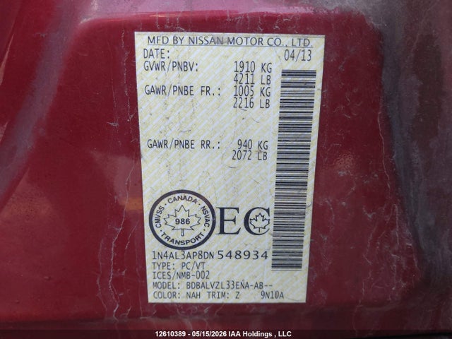 12610389 :رقم المزاد ، 1N4AL3AP8DN548934 vin ، 2013 Nissan Altima 2.5/s/sv/sl مزاد بيع