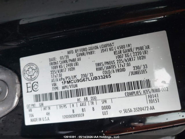 Продаж на аукціоні авто 2020 Ford Escape Se, vin: 1FMCU9G67LUB33265, номер лоту: 12610391