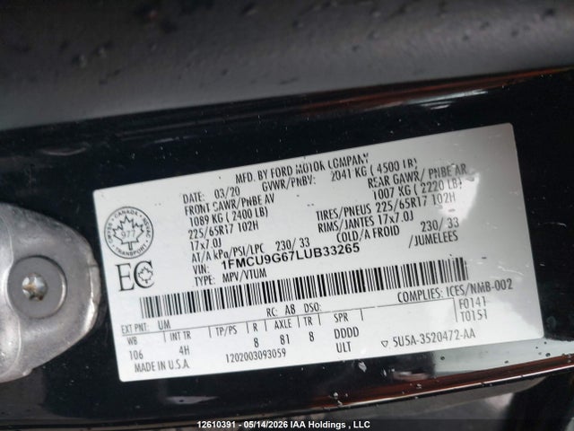 Продаж на аукціоні авто 2020 Ford Escape Se, vin: 1FMCU9G67LUB33265, номер лоту: 12610391