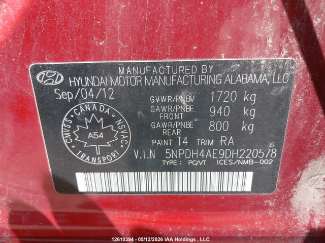 2013 Hyundai Elantra Gls/limited მანქანა იყიდება აუქციონზე, vin: 5NPDH4AE9DH220578, აუქციონის ნომერი: 12610394
