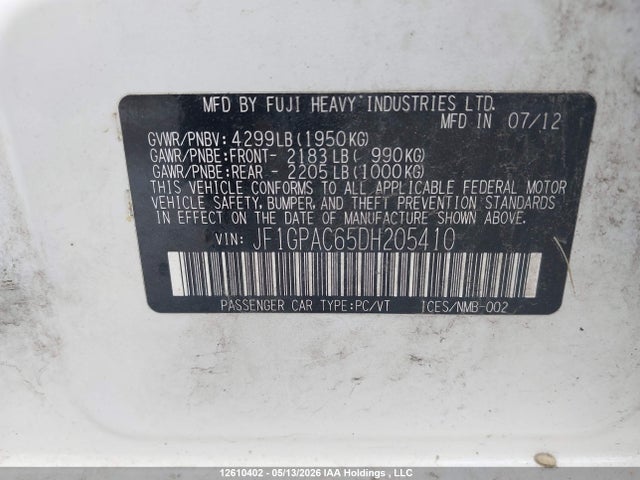 Aukcja sprzedaży 2013 Subaru Impreza Premium, vin: JF1GPAC65DH205410, numer aukcji: 12610402