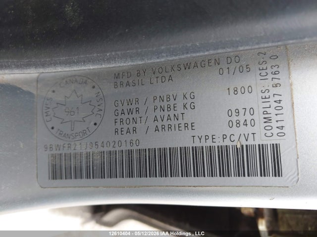 2005 Volkswagen Golf Gl Tdi მანქანა იყიდება აუქციონზე, vin: 9BWFR21J954020160, აუქციონის ნომერი: 12610404