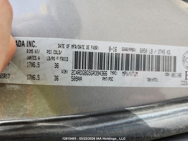 2016 Dodge Grand Caravan Se მანქანა იყიდება აუქციონზე, vin: 2C4RDGBG5GR394366, აუქციონის ნომერი: 12610405