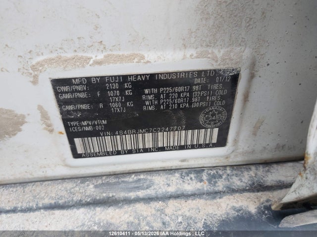 12610411 :رقم المزاد ، 4S4BRJMC7C2247707 vin ، 2012 Subaru Outback 3.6r Limited مزاد بيع