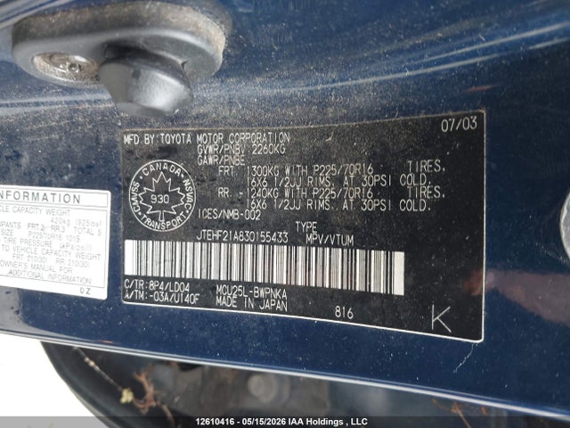 Aukcja sprzedaży 2003 Toyota Highlander Limited, vin: JTEHF21A830155433, numer aukcji: 12610416