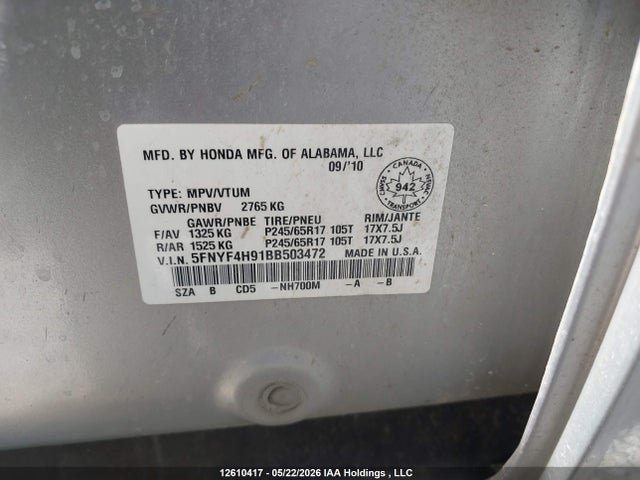 Aukcja sprzedaży 2011 Honda Pilot Touring, vin: 5FNYF4H91BB503472, numer aukcji: 12610417