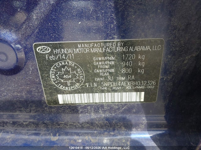 2011 Hyundai Elantra Gls/limited მანქანა იყიდება აუქციონზე, vin: 5NPDH4AEXBH032326, აუქციონის ნომერი: 12610418