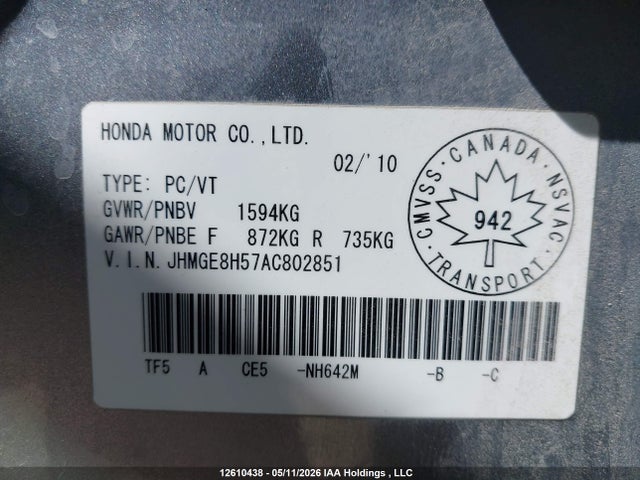 12610438 :رقم المزاد ، JHMGE8H57AC802851 vin ، 2010 Honda Fit Lx مزاد بيع