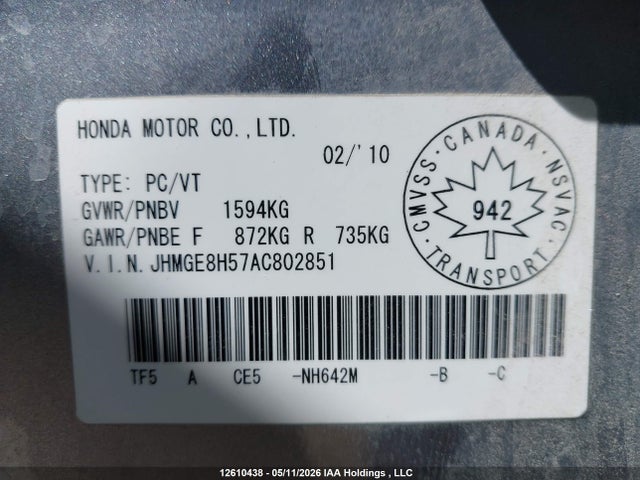 12610438 :رقم المزاد ، JHMGE8H57AC802851 vin ، 2010 Honda Fit Lx مزاد بيع